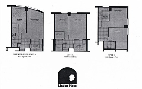 Floor plan for 1 bed, 1 bath, 612 sqft
